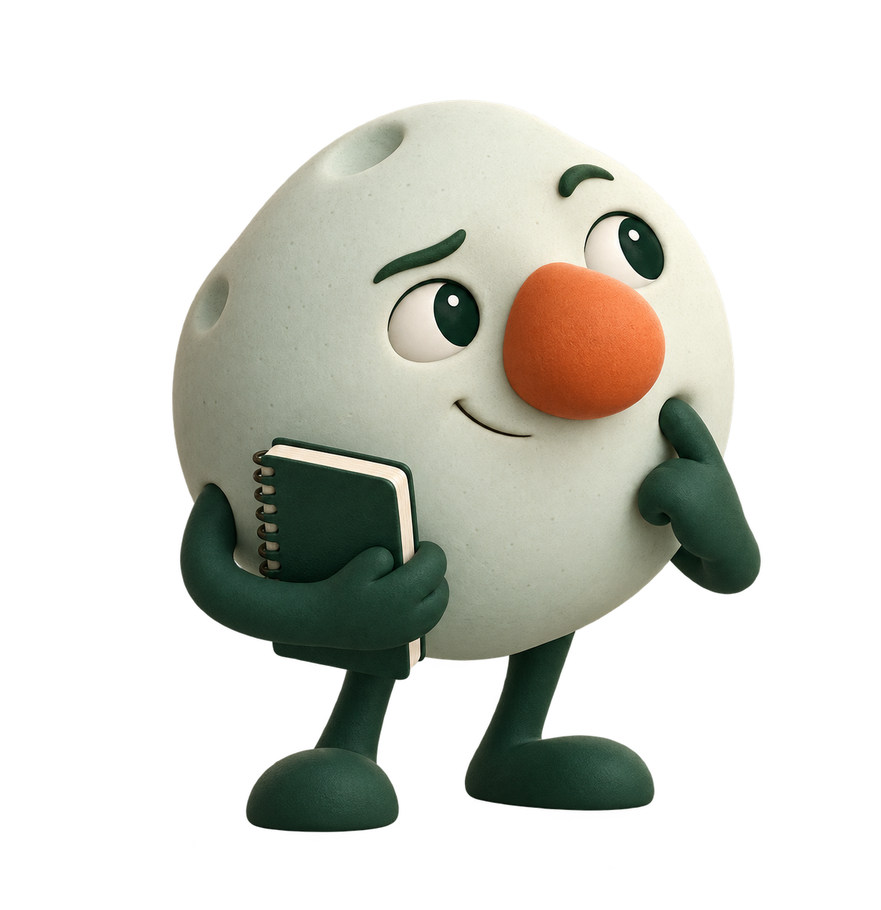 Nosey, SJK Labs’ moon mascot, with an orange nose and a green notebook